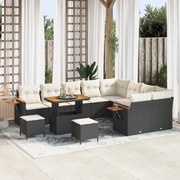 vidaXL Conjunto de Sofá de Jardim de 12 Peças com Almofadas Pretas em Polirrattan e Acácia.