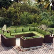 11 pcs conjunto lounge de jardim c/ almofadões vime PE castanho