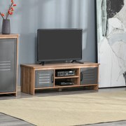 Armário de TV para televisores de 42 "com 2 compartimentos fechados com portas de metal e 2 estantes 109x35x38 cm Madeira natural e cinza