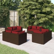 8 pcs conjunto lounge de jardim c/ almofadões vime PE castanho