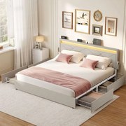 Estrutura de cama com iluminação LED 160 x 200 cm (COLCHÃO NÃO INCLUIDO) , gavetas e cabeceira bege cappuccino