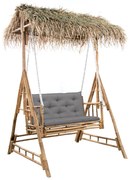 vidaXL Banco baloiço 2 lug. bambu c/ folhas palmeira e almofadão 202cm