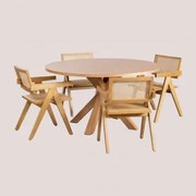 Conjunto De Mesa De Jantar Redonda Em Mdf (ø140 Cm) Pleven E 4 Cadeiras Com Braços Em Madeira De Freixo E Rattan Estilo Lali Madeira Natural - Sklum