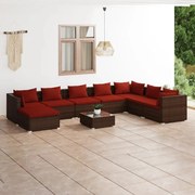 9 pcs conjunto lounge jardim c/ almofadões vime PE castanho