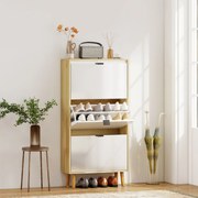 Sapateira Estreita com 3 Portas em Branco Brilhante Prateleiras Ajustáveis Pernas de Madeira para 18 Pares de Sapatos 60x24x127 cm