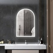 Espelho de casa de banho LED 90 x 60 cm, de parede, 3 cores, moldura arqueada em alumínio, antiembaciamento e interruptor tátil