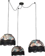 Candeeiro suspenso preto com abajur floral e interior branco 31,5cm 3-luzes - Cava
