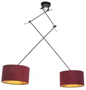 Candeeiro de suspensão preto com abajures de veludo vermelho e dourado 35 cm 2 luzes - Blitz Clássico / Antigo