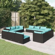 12 pcs conjunto lounge de jardim c/ almofadões vime PE preto