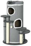 Pawhut Arranhador de Gato com Poste de Arranhar 2 Esconderijos para Gatos 4 Lugares para deitar 4 Postes 57x57x99 cm Cinza e Branco | Aosom Portugal