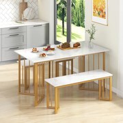 Conjunto de jantar 4 peças Mesa retangular com banco e 2 bancos Pernas de metal em grão de mármore Branco + dourado