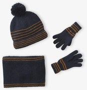 Conjunto às riscas gorro + gola snood + luvas/mitenes para menino azul-cambraia