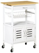 HOMCOM Carrinho de Cozinha com Rodas Carro de Armazenamento Multiúso com Bancada de Bambu Gaveta Cesta Metálica 58x37x83cm Branco | Aosom Portugal