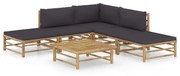vidaXL 6 pcs conj. lounge jardim em bambu c/ almofadões cinza-escuro
