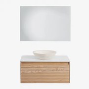 Conjunto De Móvel De Casa De Banho Suspenso Em Madeira De Freixo Tedrik Castanho Fresno & Cimento Redondo Branco Ø40 Cm Zavion & Led - Sklum