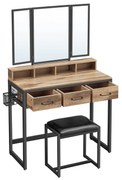 Penteadeira VASAGLE com banqueta acolchoada, penteadeira com espelho triplo, 3 gavetas, suporte para secador de cabelo, mesa de cosméticos, estilo industrial, carvalho marrom/preto RVT004B50