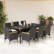 vidaXL 9 pcs conjunto jantar jardim c/ almofadões vime PE/vidro preto