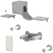 PawHut Conjunto de Prateleiras de Escalada para Gatos de 6 Peças com Placa para Arranhar e Poste de Sisal Cinzento