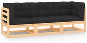 3 pcs conjunto lounge de jardim c/ almofadões pinho maciço