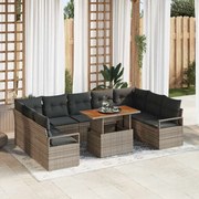 vidaXL Conjunto de Sofá de Jardim de 10 Peças com Almofadas Cinzas em Rattan Poli de Acácia