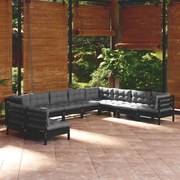 10 pcs conjunto lounge jardim c/ almofadões pinho maciço preto