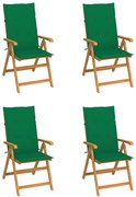 vidaXL Cadeiras de jardim c/ almofadões verdes 4 pcs teca maciça