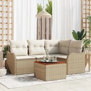 vidaXL Conjunto de Sofá de Jardim de 5 Peças da com Almofadas Bege em Rattan Sintético de Acácia.
