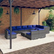 11 pcs conjunto lounge de jardim c/ almofadões vime PE cinzento