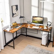 Secretária em forma de L com tomada eléctrica Suporte para CPU de 168 cm e estrutura metálica robusta para o escritório Castanho