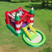 Castelo Insuflável Infantil com Escorrega Tema de Natal e Piscina de Bolas Sem Ventilador 390 x 210 x 220 cm Vermelho e Verde