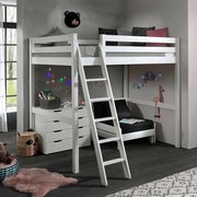 Conjunto Cama alta de Criança PINO 140 x 200 cm + estrado + escada + cómoda 4 gavetas + sofá-cama Branca