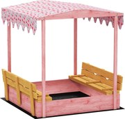 AIYAPLAY Caixa de Areia para Crianças 3-6 Anos com Toldo de Flamingos, Assentos Dobráveis, Tampa e Forro Incluídos, Caixa de Areia Infantil em Abeto, 134.5x127.5x130 cm, Rosa | Aosom Portugal