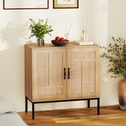 Aparador 80 x 38 x 81 cm com 2 portas em rattan natural, prateleira ajustável em 3 posições, pés metálicos natural