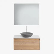 Conjunto De Móvel De Casa De Banho Suspenso Em Madeira De Freixo Tedrik Castanho Fresno & Cimento Cinzento Redondo Ø40 Cm Tarsis & Led - Sklum