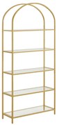 Prateleira VASAGLE de 5 níveis, estante de vidro temperado, design arqueado, construção em aço, para sala de estar, banheiro de trabalho, cor dourada LGT050A01