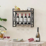 Garrafeira de parede metálica suspensa para garrafas de vinho para casa, bar e cozinha 60 x 20 x 55 cm Castanho