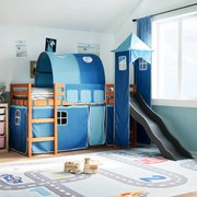 vidaXL Cama alta para criança com torre 90x200 cm pinho maciço azul