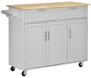 HOMCOM Ilha de Cozinha com Rodas 2 Gavetas 3 Portas Prateleiras Ajustáveis e Barra para Sala de Jantar 121x46x91cm Cinza e Madeira | Aosom Portugal