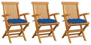 vidaXL Cadeiras de jardim c/ almofadões azuis 3 pcs teca maciça
