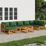 8 pcs conj. lounge jardim madeira c/almofadões verdes