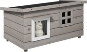 Pawhut Casa de Gato com Telhado de Asfalto Toca de Gato Animal Pequeno com Janela Externa Ao Inverno Madeira Cinza Preto 87x52x44 cm | Aosom Portugal