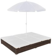 vidaXL Espreguiçadeira de exterior com guarda-sol vime PE castanho