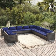 11 pcs conjunto lounge de jardim c/ almofadões vime PE cinzento