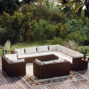 vidaXL 11 pcs conjunto lounge de jardim c/ almofadões vime PE castanho