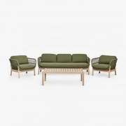 Conjunto De Jardim Karvia Com Sofá De 3 Lugares, 2 Poltronas E Mesa De Centro Em Alumínio E Madeira De Acácia - Sklum