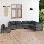 7 pcs conjunto lounge de jardim c/ almofadões vime PE cinzento