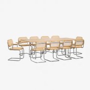 Conjunto De Mesa Retangular 240x100 Cm Em Mdf E Aço Inoxidável E 10 Cadeiras De Jantar Com Braços Tento Folheado A Freixo - Sklum