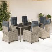 7 pcs conjunto de jantar p/ jardim c/ almofadões vime PE cinza