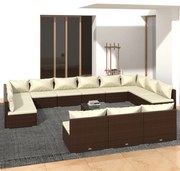 vidaXL 13 pcs conjunto lounge de jardim c/ almofadões vime PE castanho