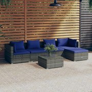 6 pcs conjunto lounge de jardim c/ almofadões vime PE cinzento